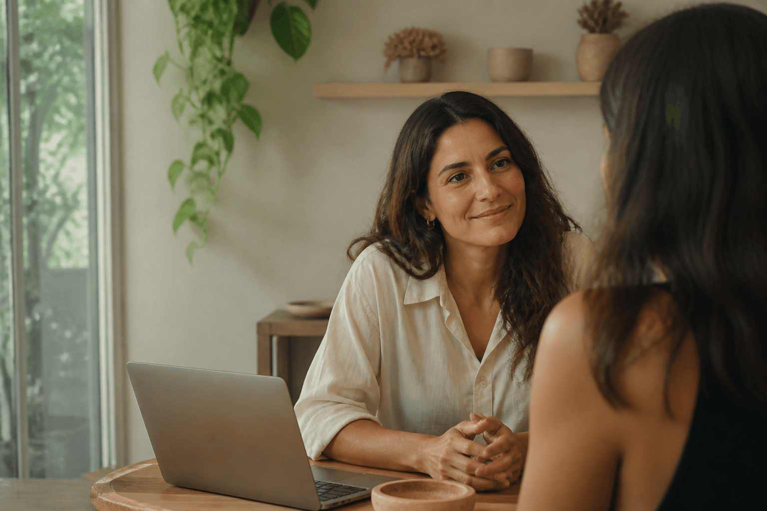 Profissional em conversa, com notebook como ferramenta de apoio